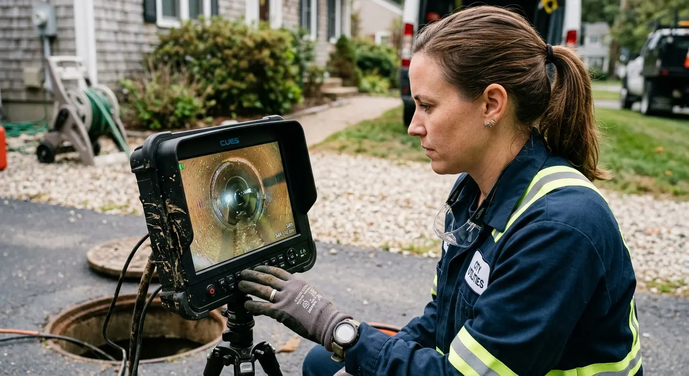 Technician reviewing sewer camera inspection footage in Oak Grove