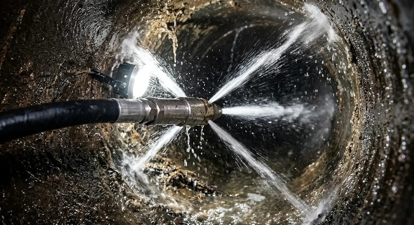 High-pressure hydro jetting nozzle cleaning sewer pipe for Storm Drain Cleaning in Oak Grove
