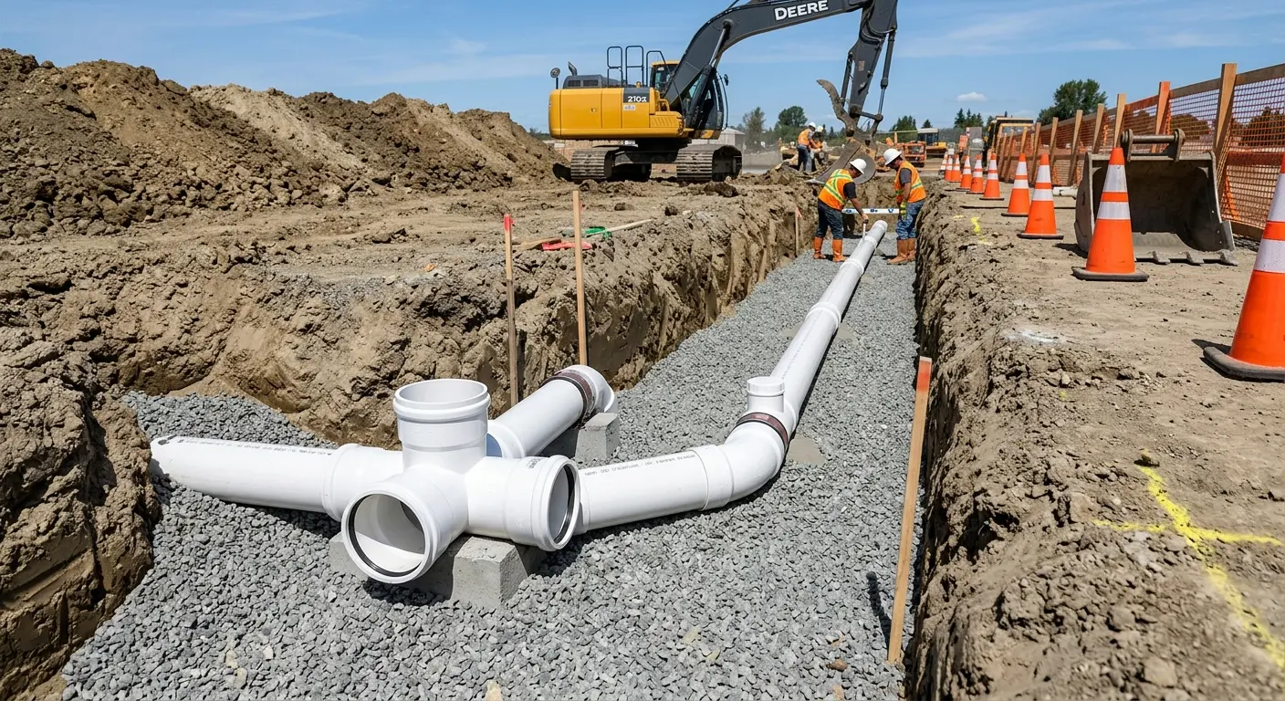 New PVC sewer pipe installation in open trench for Commercial Drain Cleaning in Oak Grove